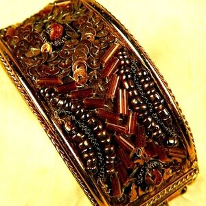 Vintage Beaded Hinged Cuff Bracelet Gold Boho Festival Statement Jewelry